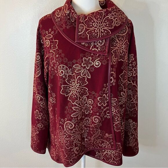 GRAVER Susan Graver Foil Printed Textured Knit Jacket with Trim Wine Sz Large - Picture 1 of 6